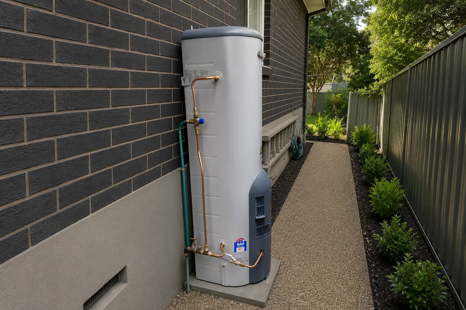 Gas storage hot water unit installed against a brick wall beside a garden path
