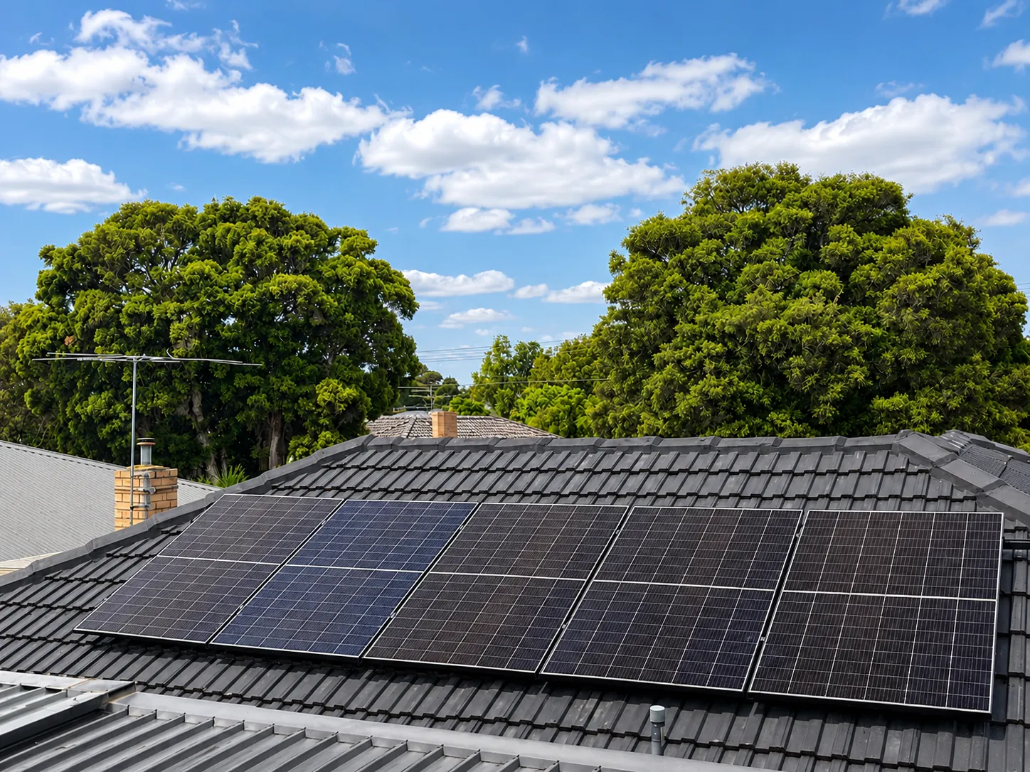 Solar panels on a dark tiled roof with tall gum trees behind